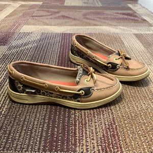 Sperry Women’s Tan and Glitter Cheetah Print Boat Shoe Size 6.5M-Great Condition